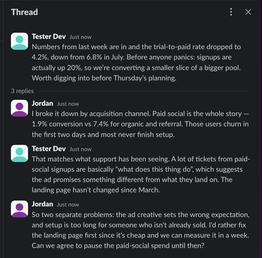 A four-message Slack thread showing the real display names of the two participants.