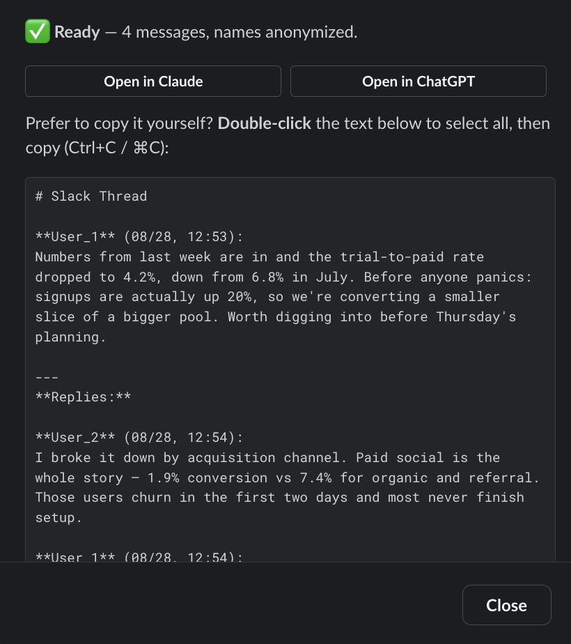 The Thread to LLM modal with Open in Claude and Open in ChatGPT buttons, above the same thread rendered as markdown with names replaced by User_1 and User_2.