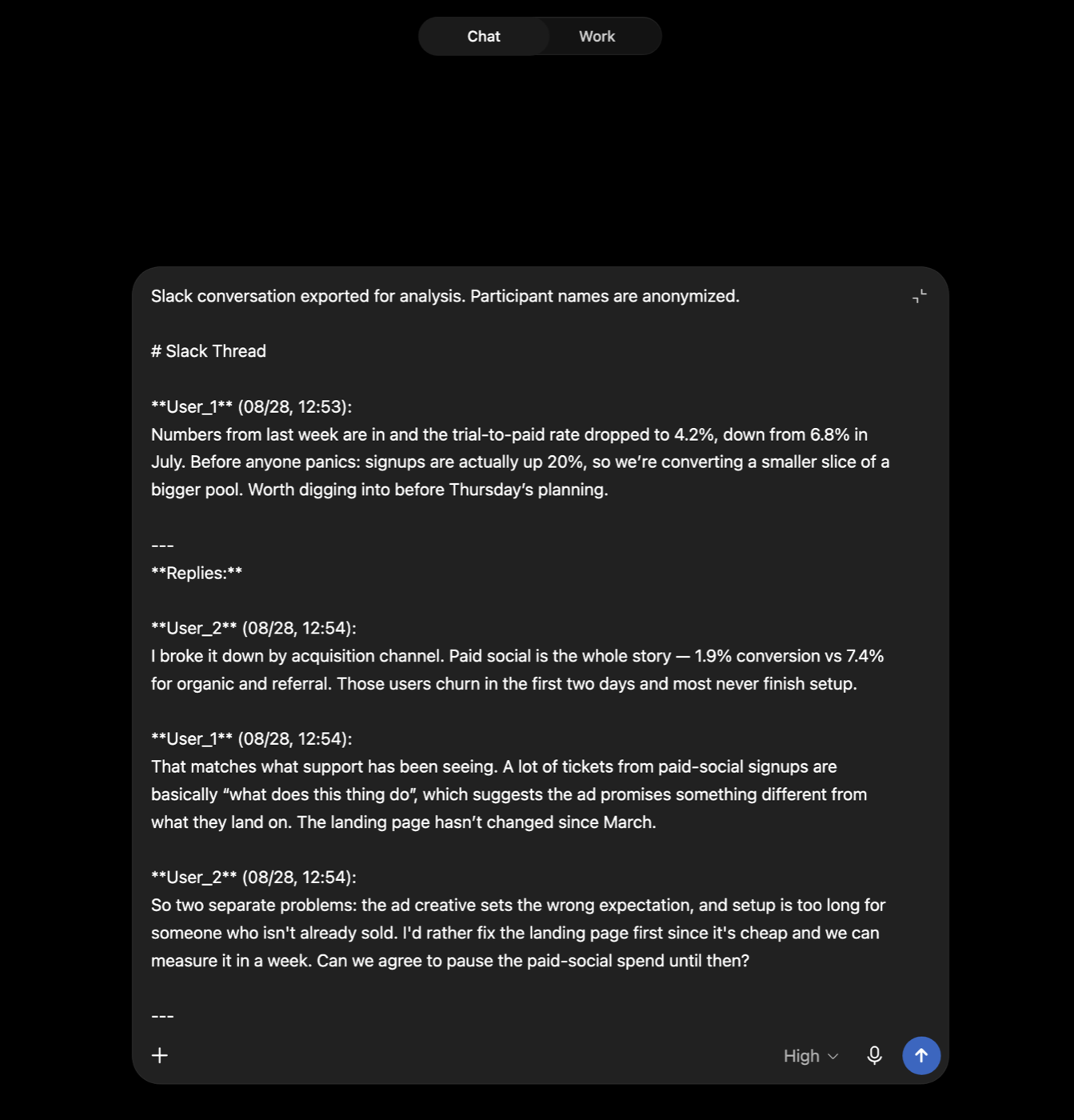 ChatGPT with the anonymized thread filled into the prompt box, not yet submitted.
